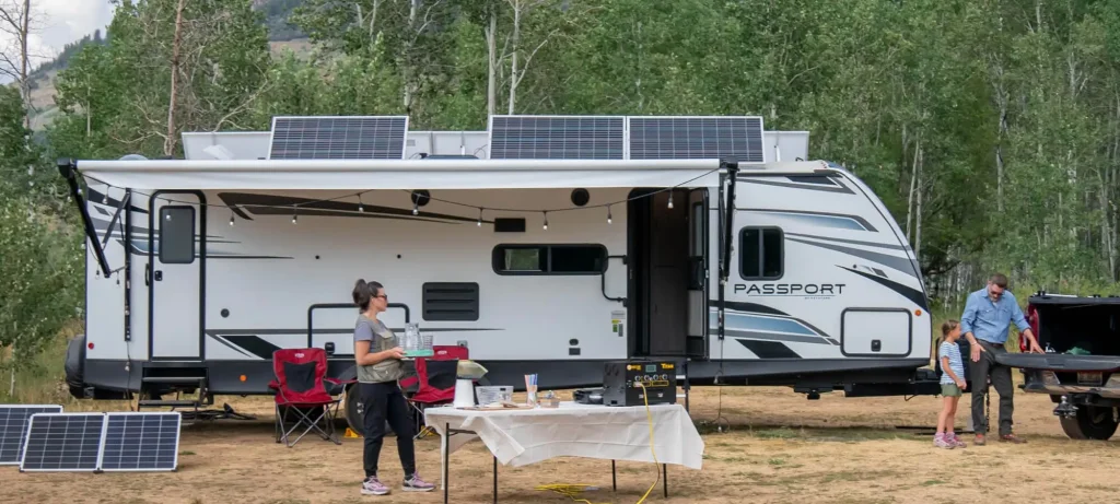 Boondocking RV with solar panels on the roof