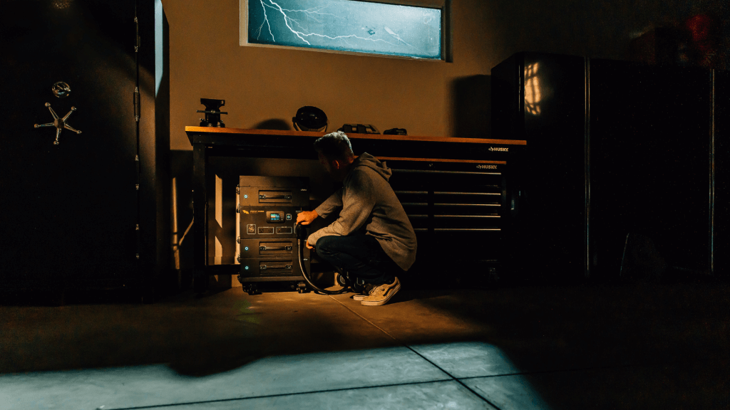 Man uses his emergency backup generator during a storm. 